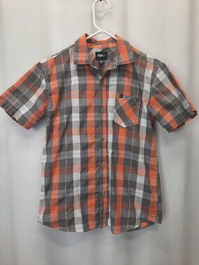 Fox Racing Plaid Shirt Youth Boys M 10/12 Orange Grey Short Sleeve Button Up